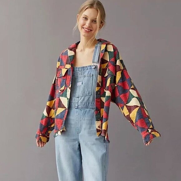 BDG by Urban Outfitters Brody Geometric Print Flannel Button Up Shirt Shacket - Picture 2 of 15